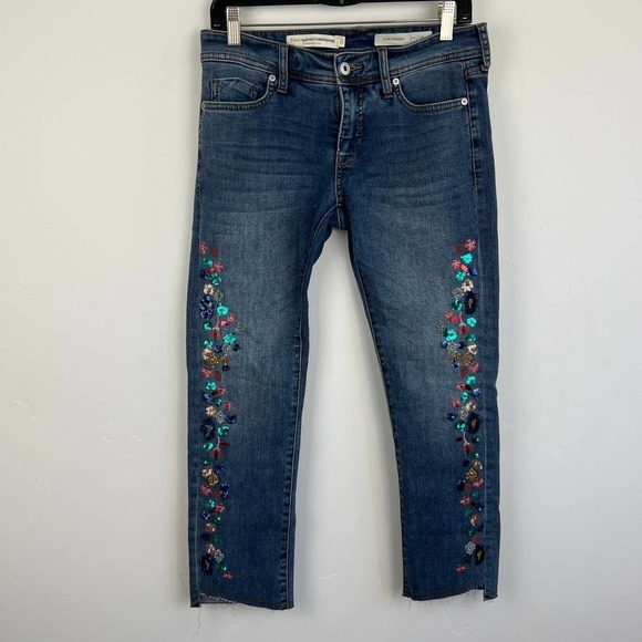 Anthropologie Blue Embroidered Straight Leg Jeans - Picture 2 of 7